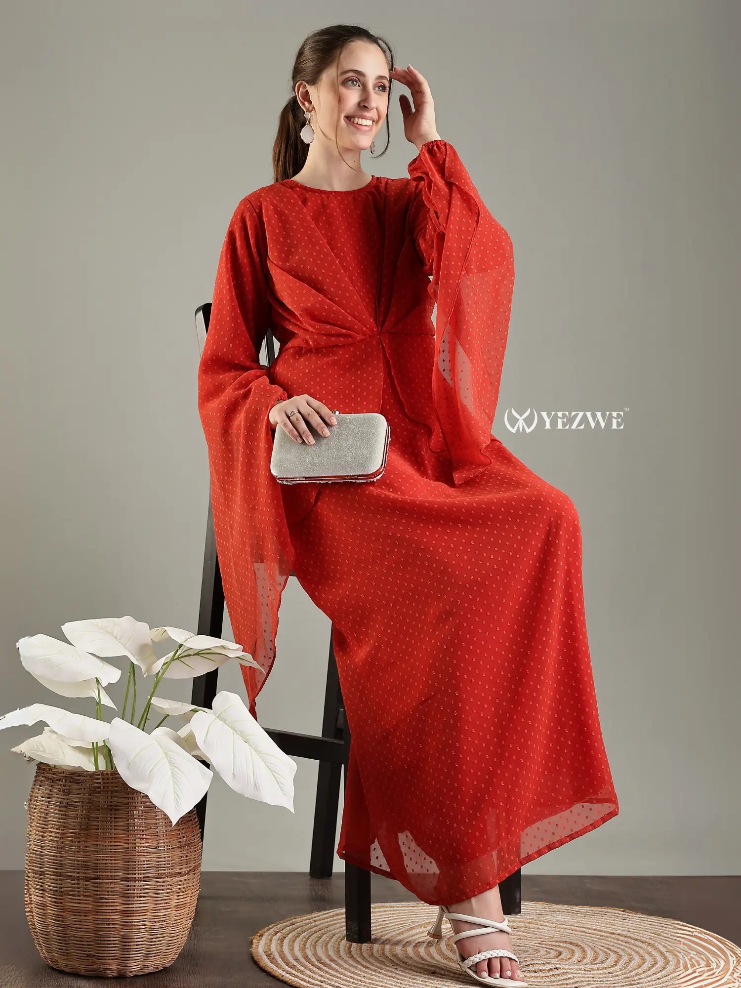 YEZWE modest in orange georgette maxi dress with stylish bell sleeves and elegant silhouette