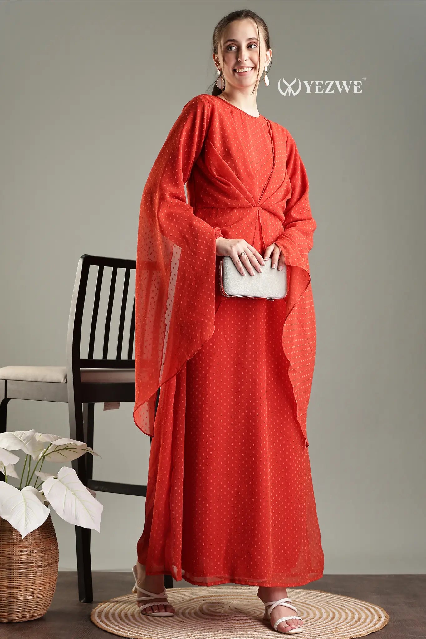 YEZWE modest in orange georgette maxi dress with flowy sleeves and elegant design