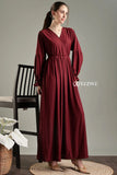 YEZWE modest long sleeve maxi maroon dress with a flattering wrap design and gathered waist