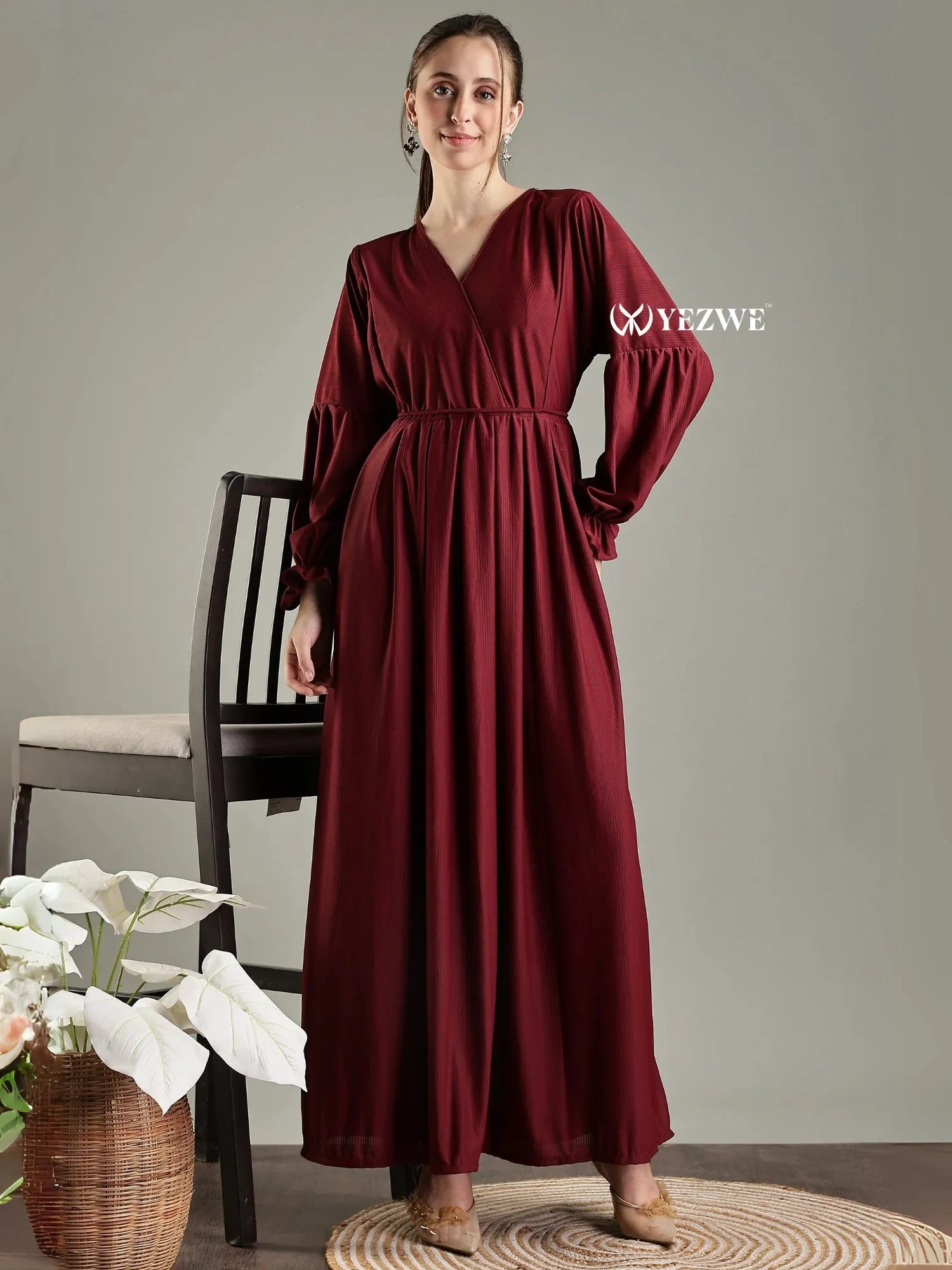 Yezwe Maroon Maxi Dress with Long Sleeves and V Neck - Casual Modest Wear