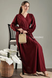 Modest long sleeve maxi maroon dress by YEZWE with a flattering waistline and elegant sleeves