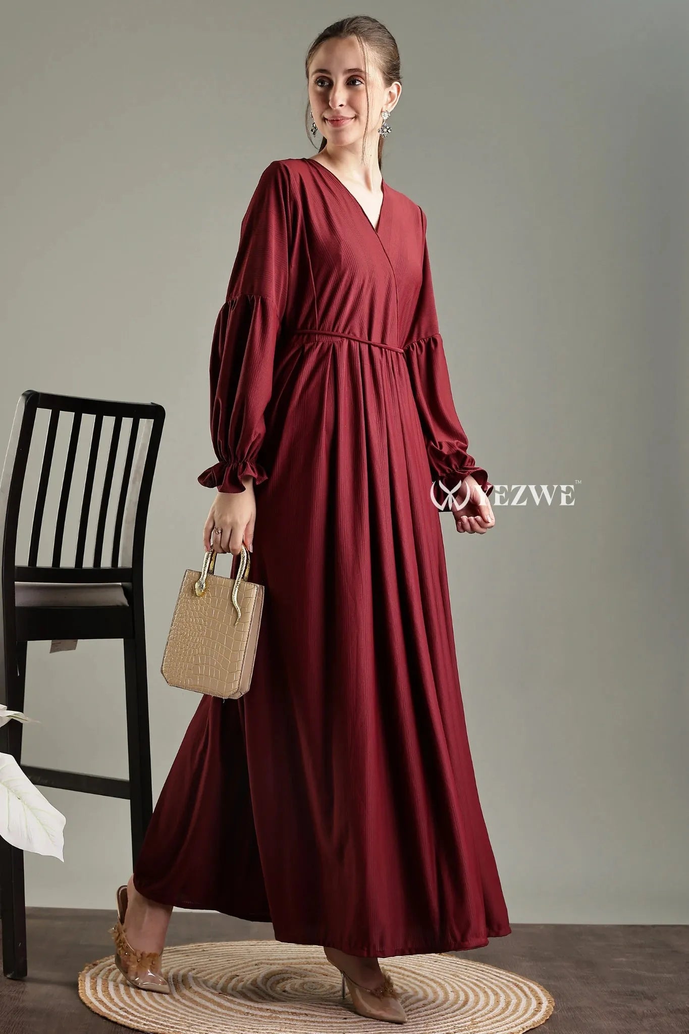 YEZWE modest long sleeve maxi maroon dress with a flattering V-neck and elegant sleeves