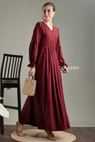 YEZWE modest long sleeve maxi maroon dress with a flattering V-neck and elegant sleeves