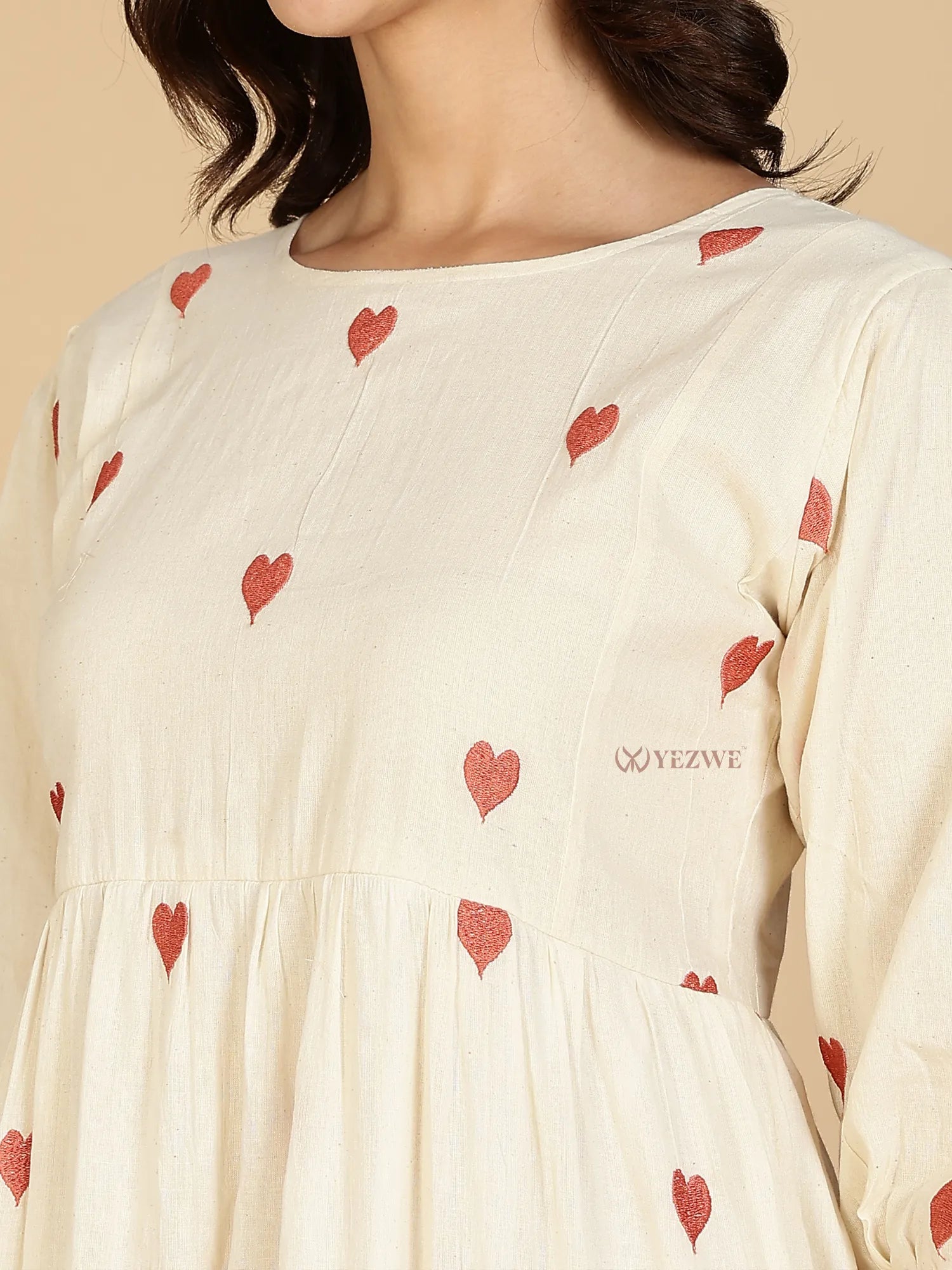 Yezwe Modest Maxi Dress cream cotton with red heart print long sleeves gathered waist