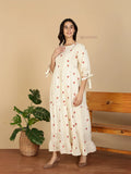 Yezwe Modest Maxi Dress cream with red heart print tiered ruffle hem tied sleeves casual styling