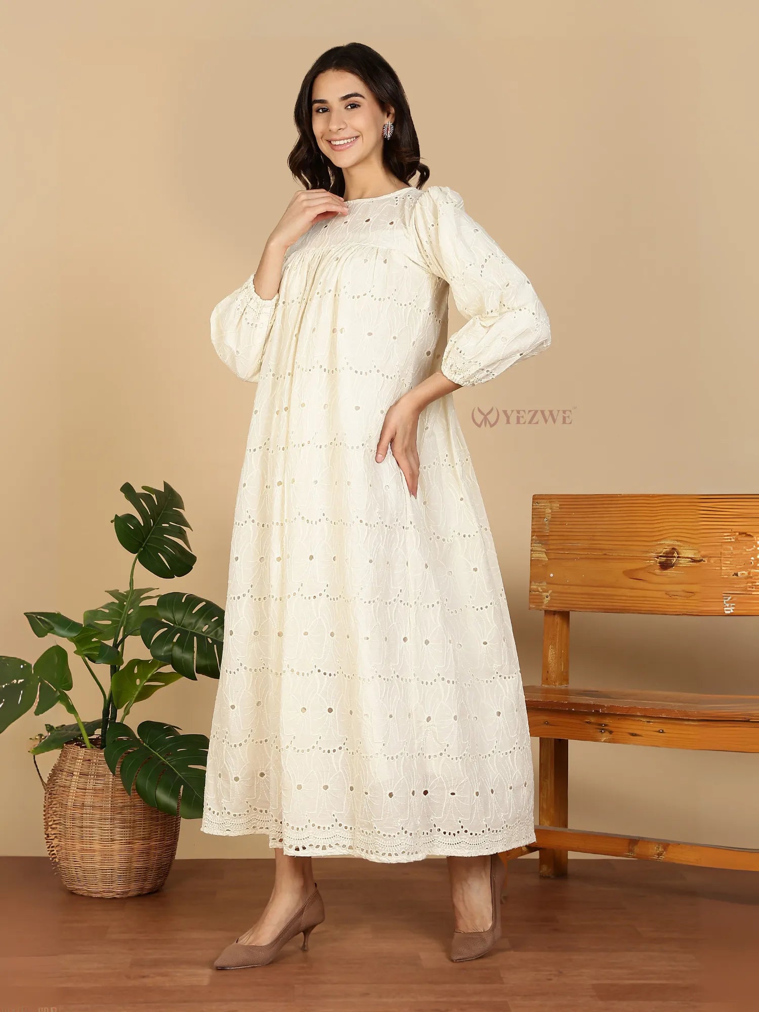 YEZWE Modest Maxi Dress cream eyelet broderie with puff sleeves ankle length casual daywear