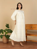 YEZWE Modest Maxi Dress ivory eyelet cotton with long puff sleeves round neck and relaxed ankle length