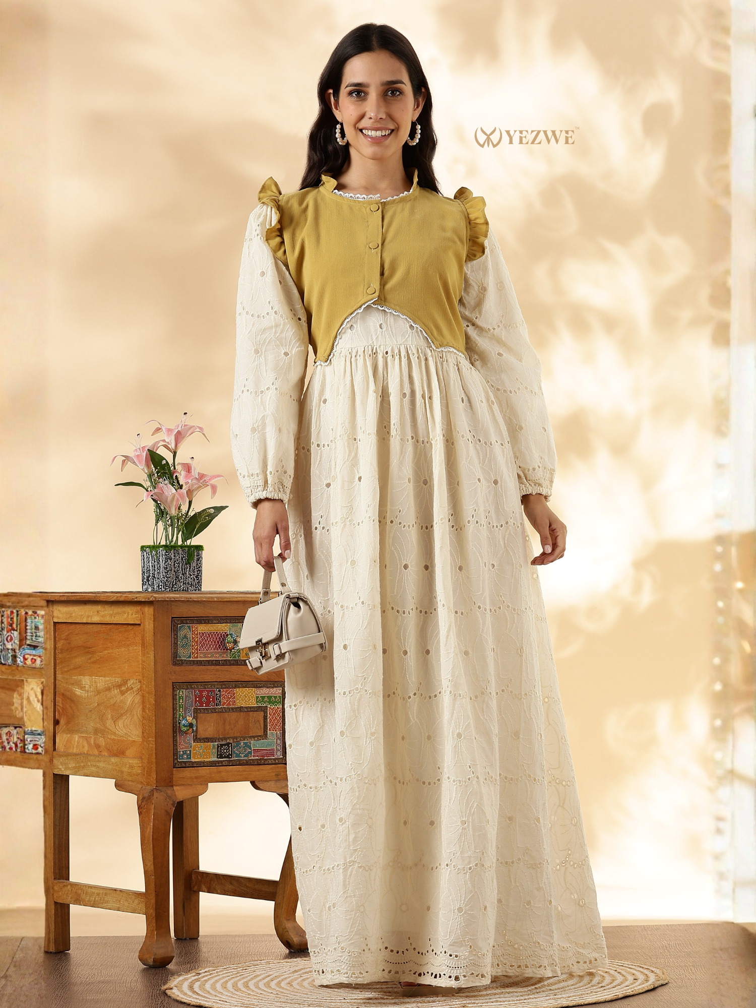 YEZWE Modest Maxi Dress in White with Ruffled Sleeves and a Stylish Yellow Cardigan