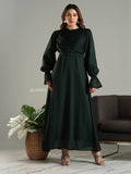 Yezwe elegant black modest maxi dress with long puff sleeves and gathered waist design