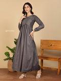 Yezwe Modest Maxi Dress gray long sleeve empire waist ankle length flowing skirt for modest wear