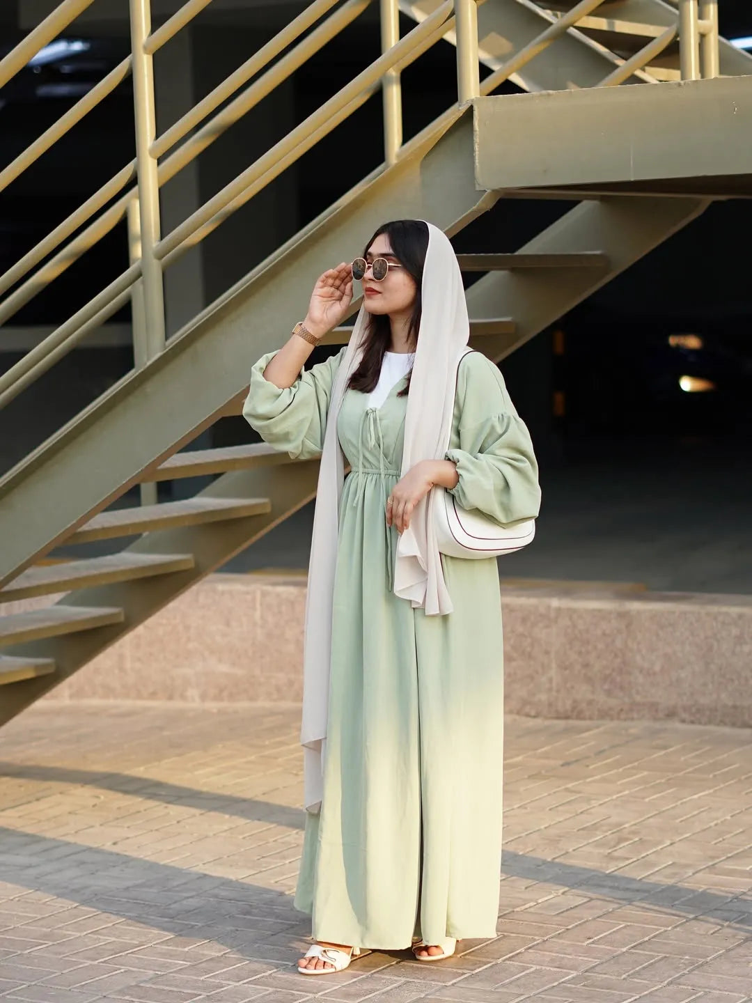 YEZWE Modest Maxi Dress in Soft Green with Long Sleeves and Flowing Silhouette