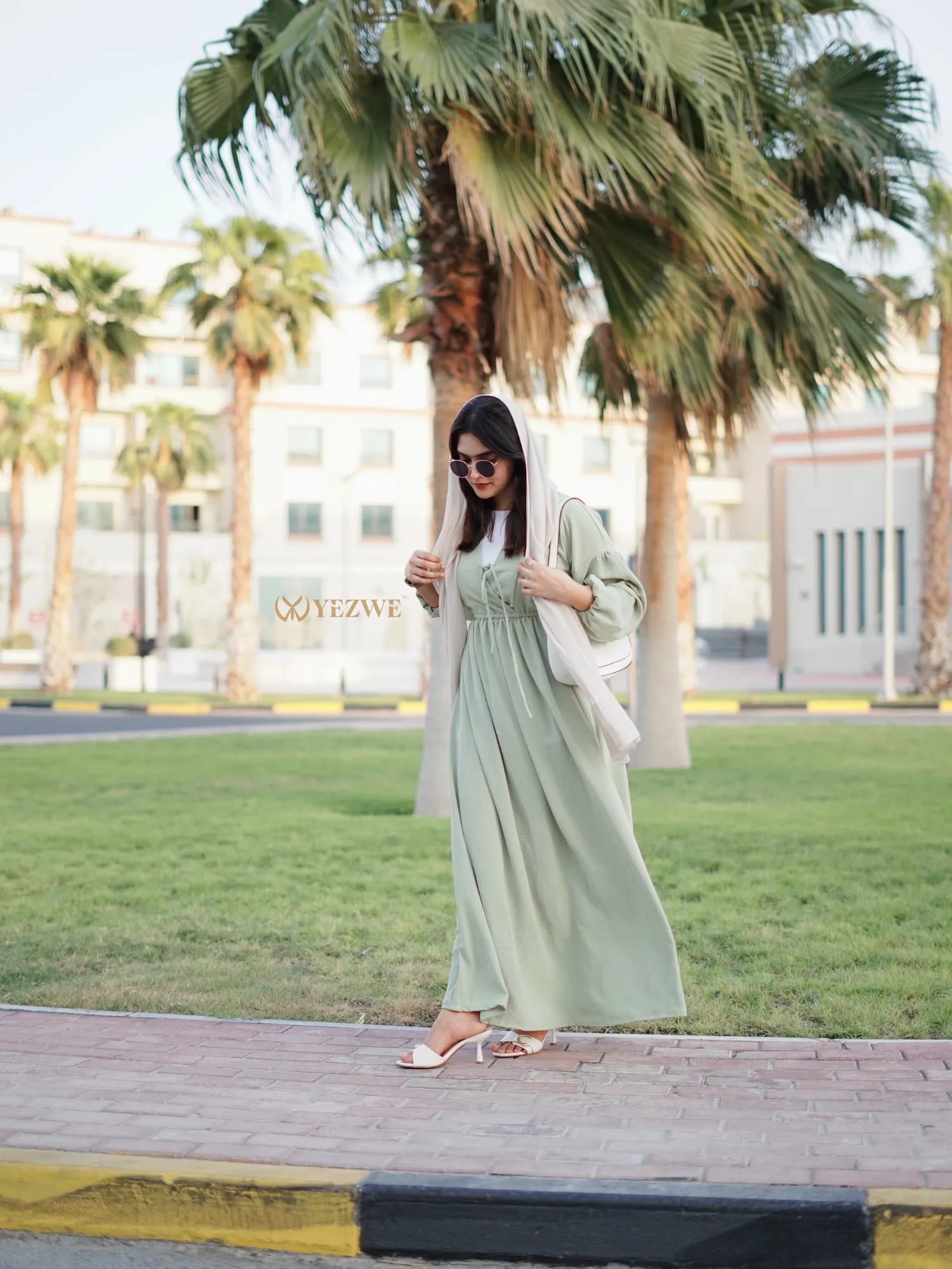 YEZWE Modest Maxi Dress in Soft Green with Puff Sleeves for Elegant Summer Style