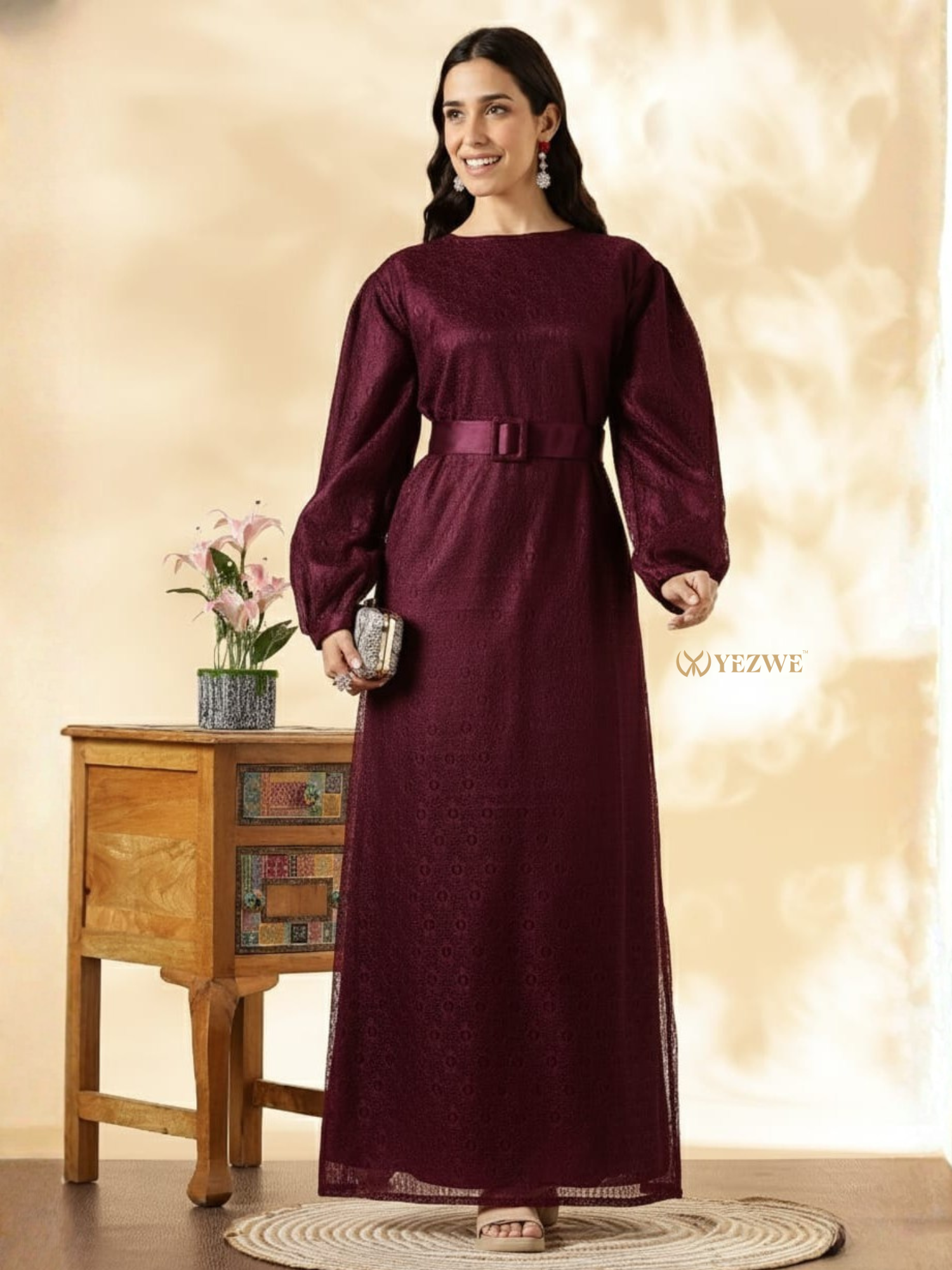 YEZWE Modest Maxi Dress in burgundy with long sleeves and a stylish belt detail