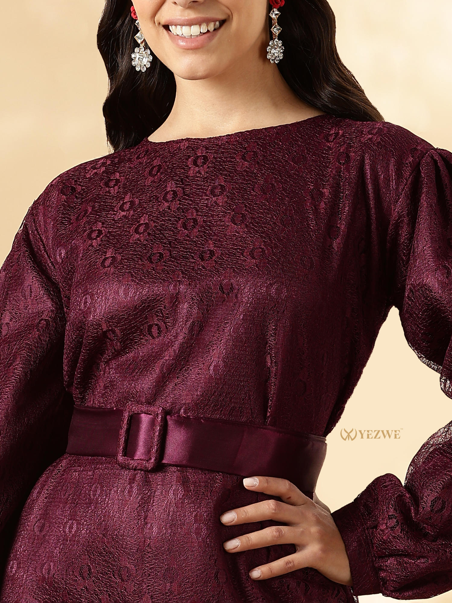 YEZWE Modest Maxi Dress in Burgundy with Elegant Texture and Belted Waist for Chic Looks