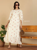 Yezwe Modest Maxi Dress cream with red heart print tiered ruffle hem and tie three quarter sleeves