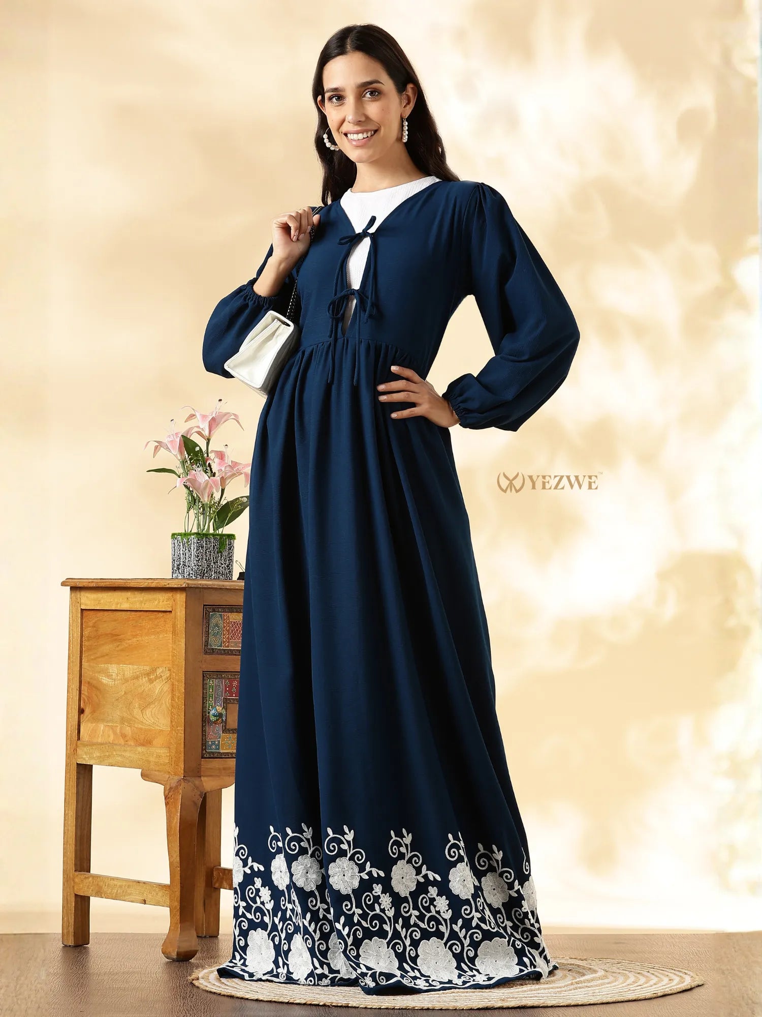 YEZWE Modest Maxi Dress in Navy with Elegant Floral Hem and Long Sleeves
