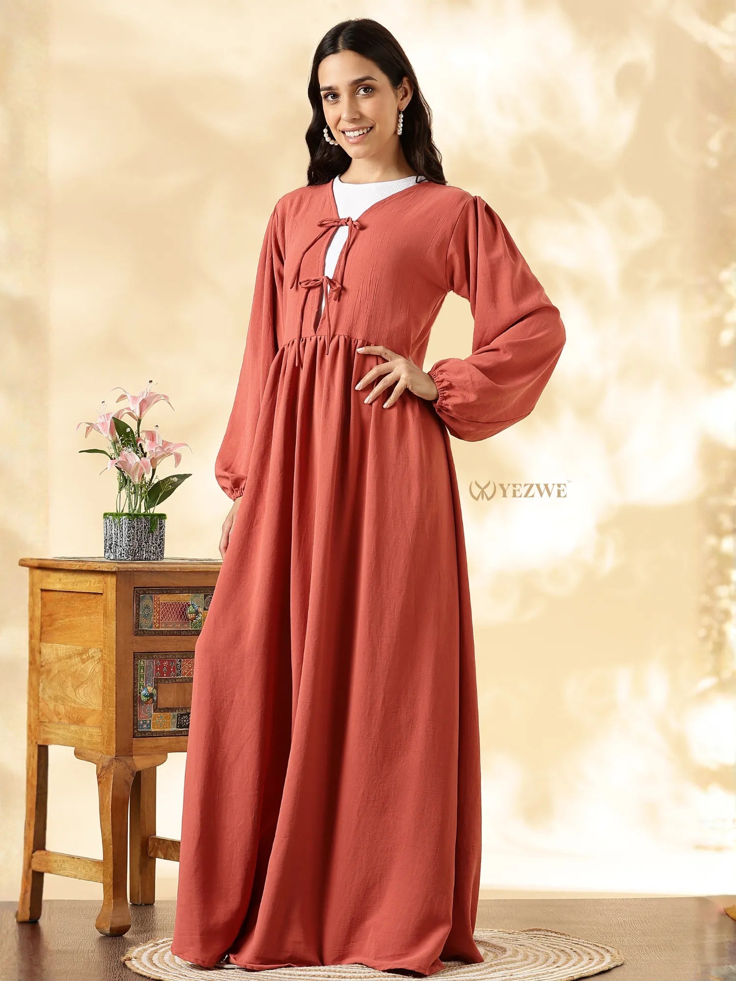 YEZWE Modest Maxi Dress in Rust with Puff Sleeves and Tie Detail for Elegant Comfort