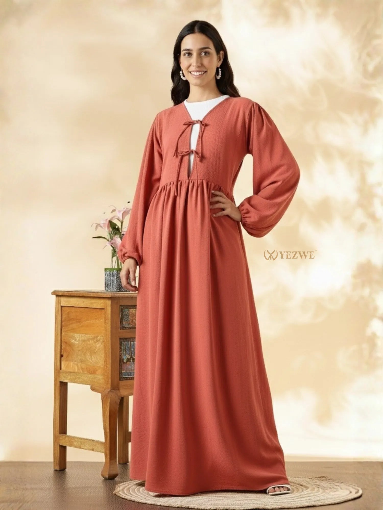 YEZWE Modest Maxi Dress in Rust with Long Sleeves and Tie Detail for Versatile Styling