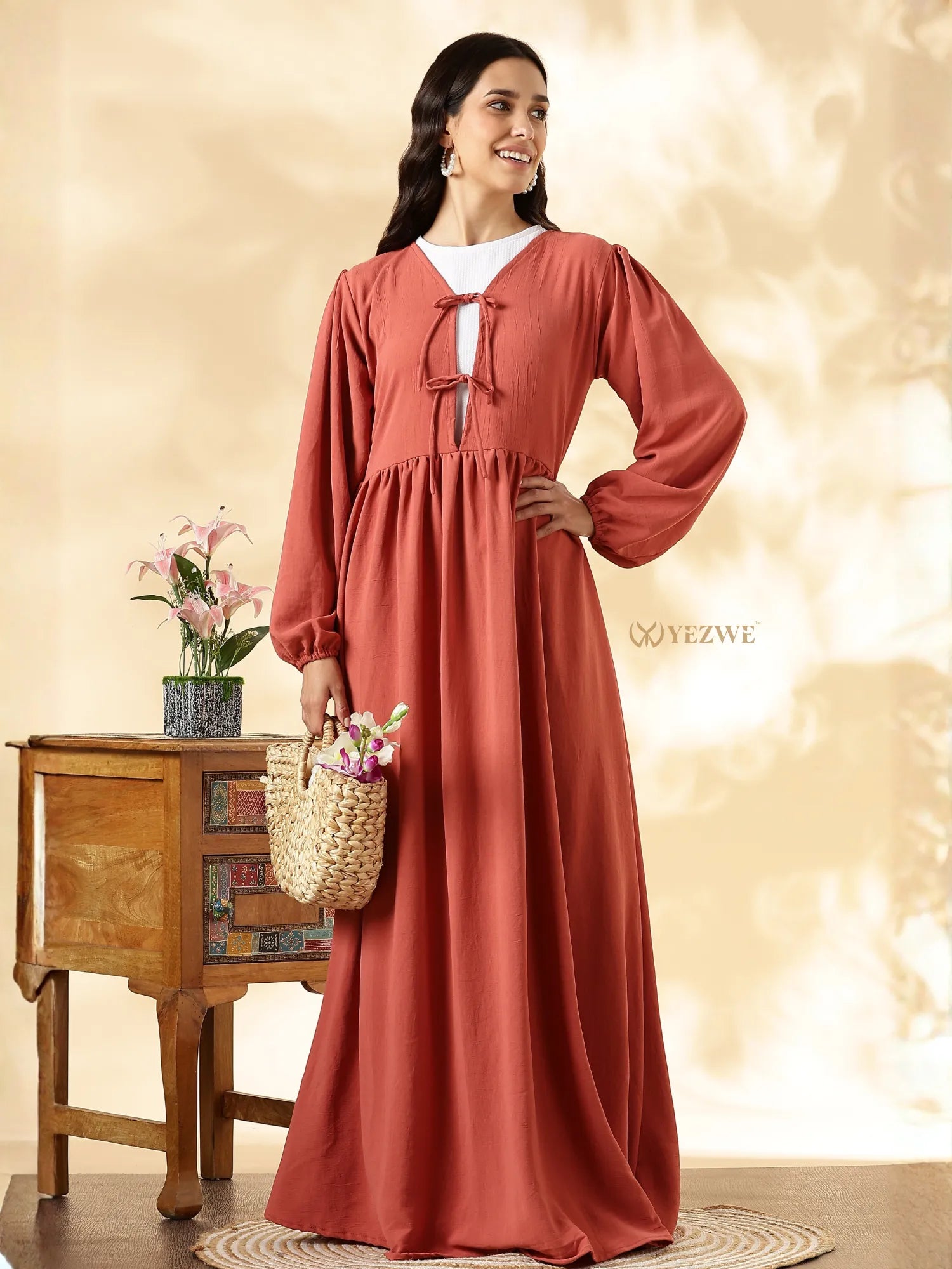 YEZWE Modest Maxi Dress in Rust with Long Puff Sleeves and Tie Detail for Elegant Style