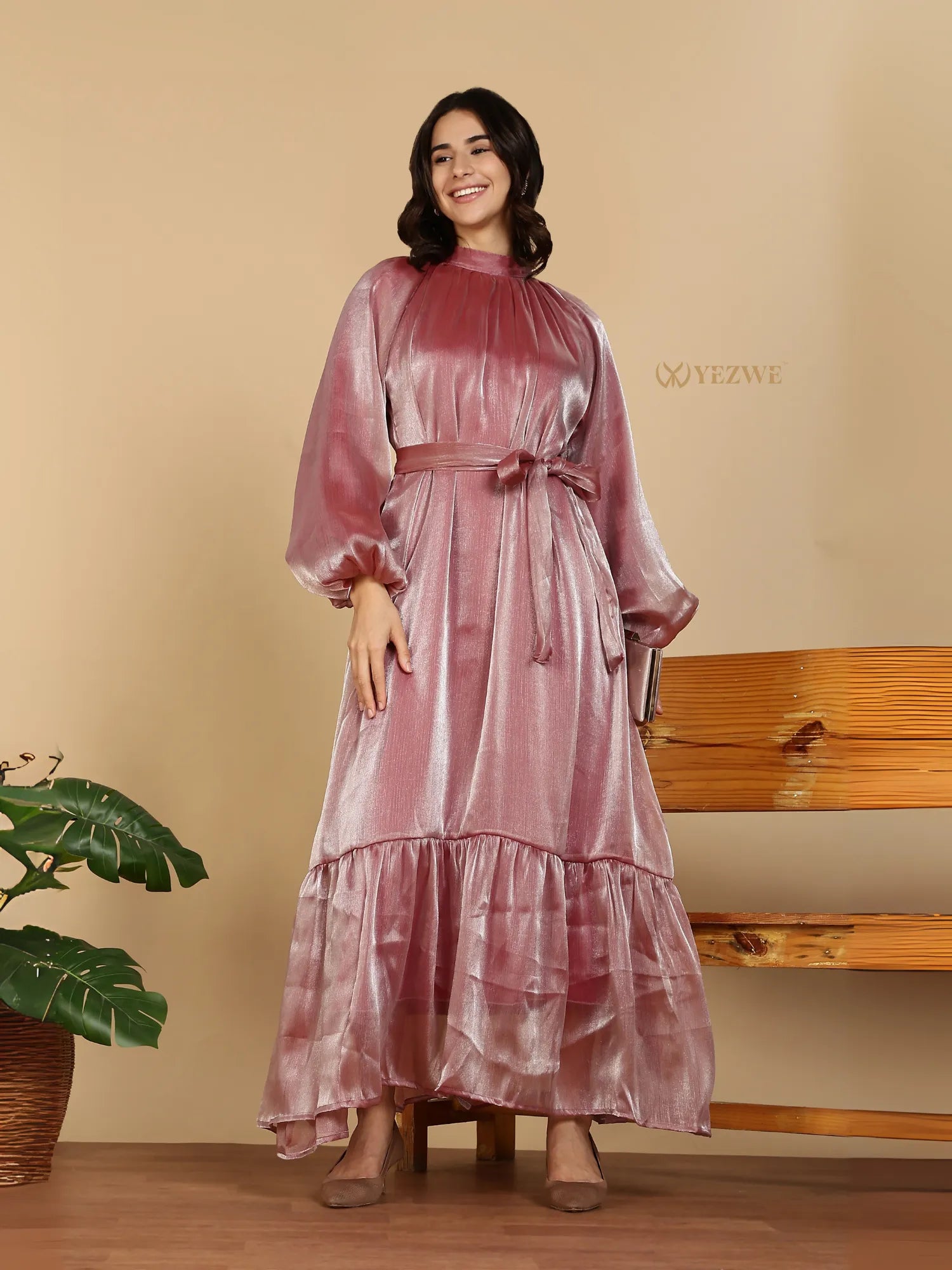YEZWE Modest Maxi Dress pink satin long puff sleeves high neckline waist tie tiered ruffle hem