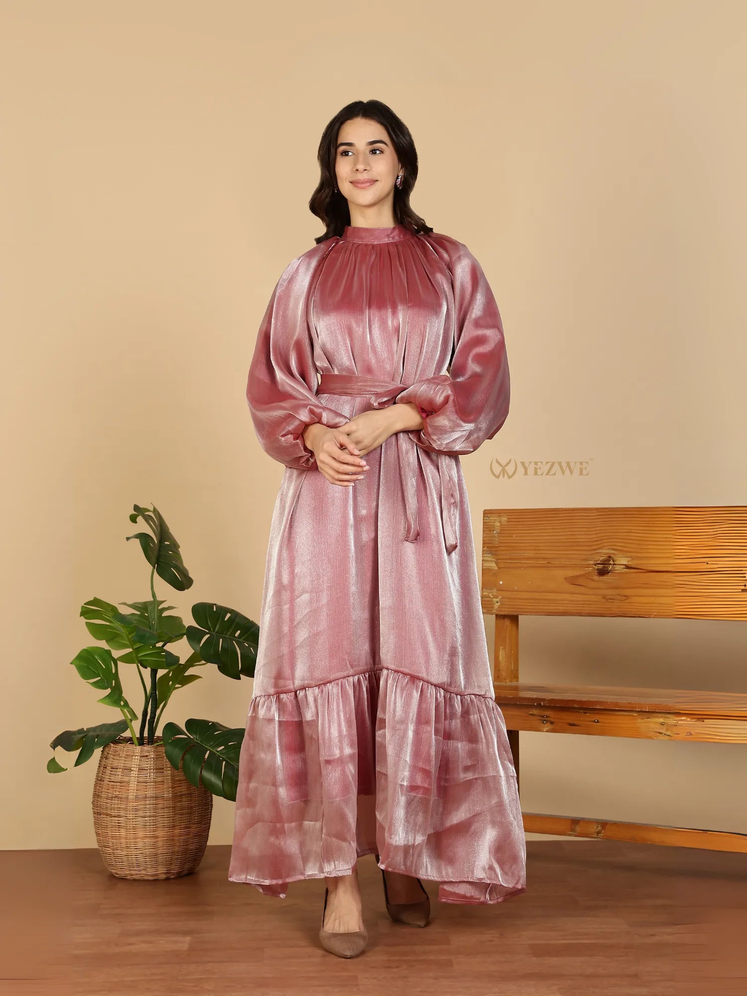 YEZWE Modest Maxi Dress dusty rose velvet with high neck bishop sleeves waist tie and tiered hem