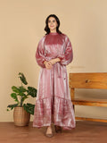YEZWE Modest Maxi Dress dusty rose velvet with high neck bishop sleeves waist tie and tiered hem
