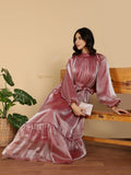 YEZWE Modest Maxi Dress dusty rose shimmery velvet with high neck puff sleeves waist tie and tiered skirt