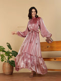 YEZWE Modest Maxi Dress in rose velvet with long puff sleeves high neckline sash belt and tiered hem