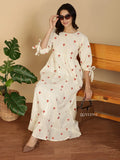 Yezwe Modest Maxi Dress cream with red heart print, long tie sleeves, ruffle hem, casual look