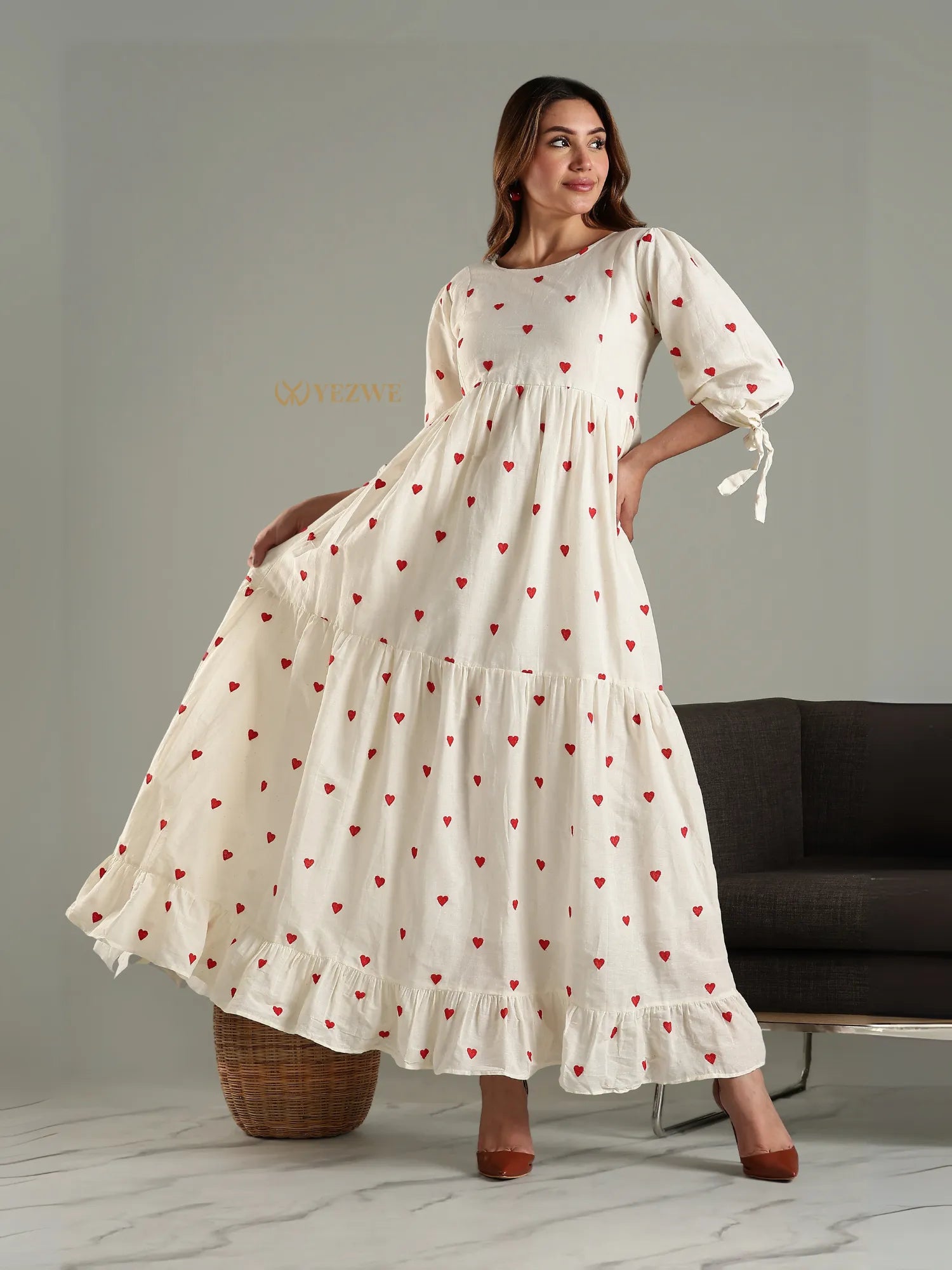 Yezwe modest maxi dress in cream with red heart prints and puff sleeves perfect for stylish coverage