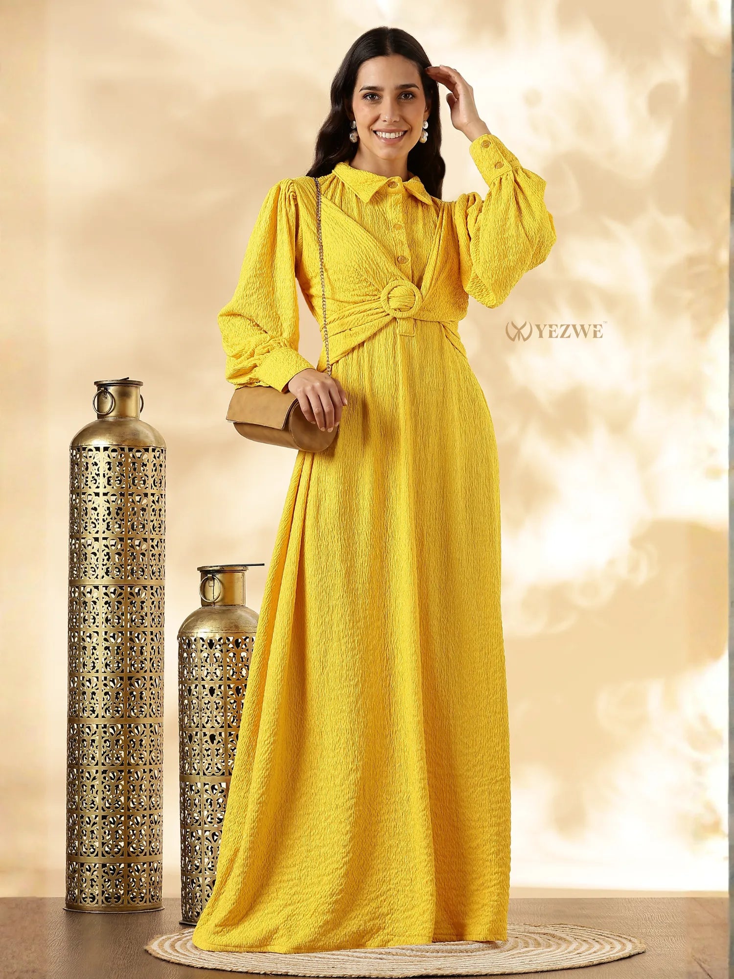 YEZWE Modest Maxi Dress in bright yellow with stylish tie waist and long sleeves