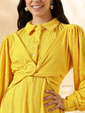 YEZWE Yellow Modest Maxi Dress with Buttoned Collar and Twisted Front Detail