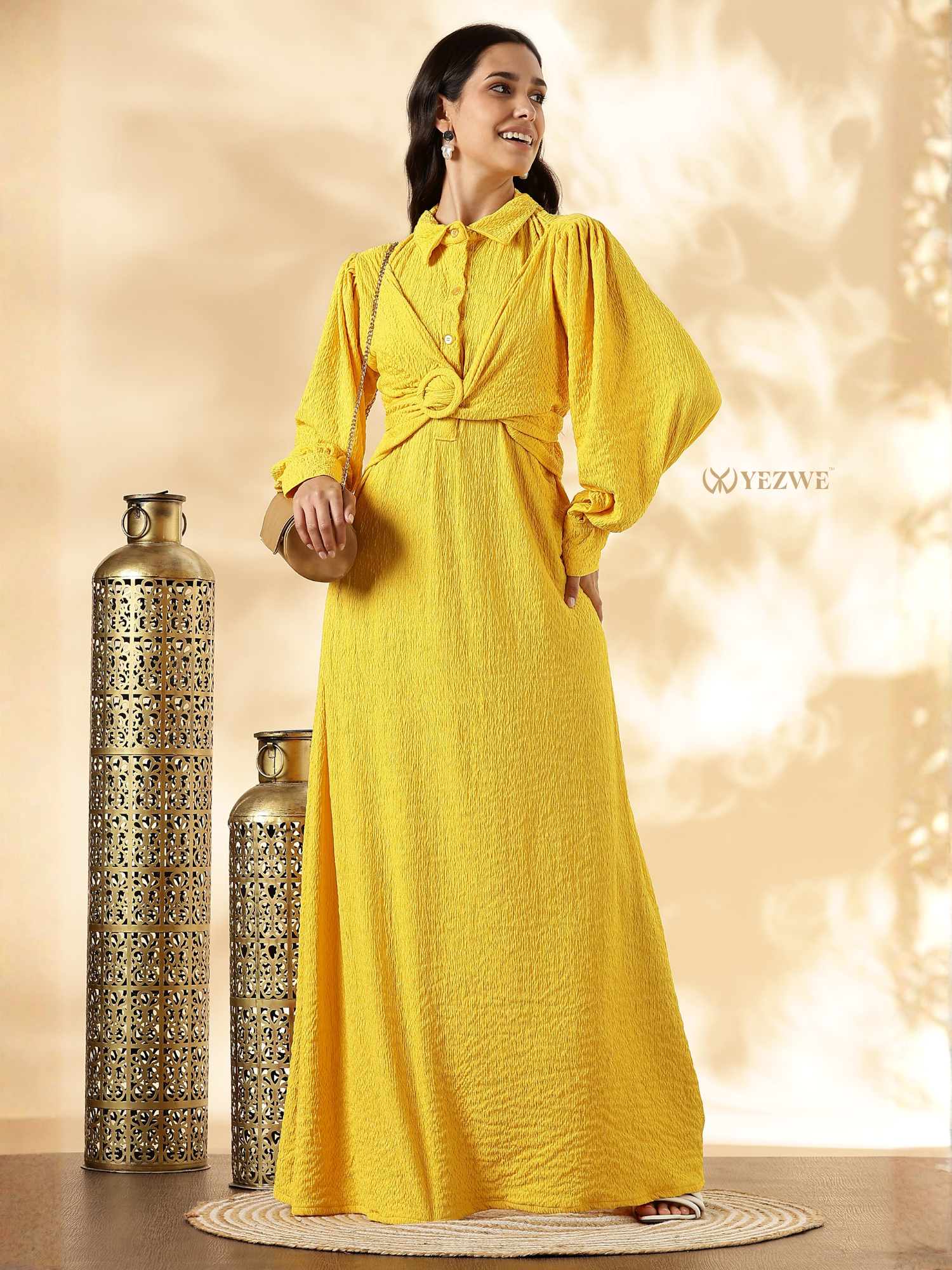 YEZWE Modest Maxi Dress in Bright Yellow with Long Sleeves and Tie Waist Detail