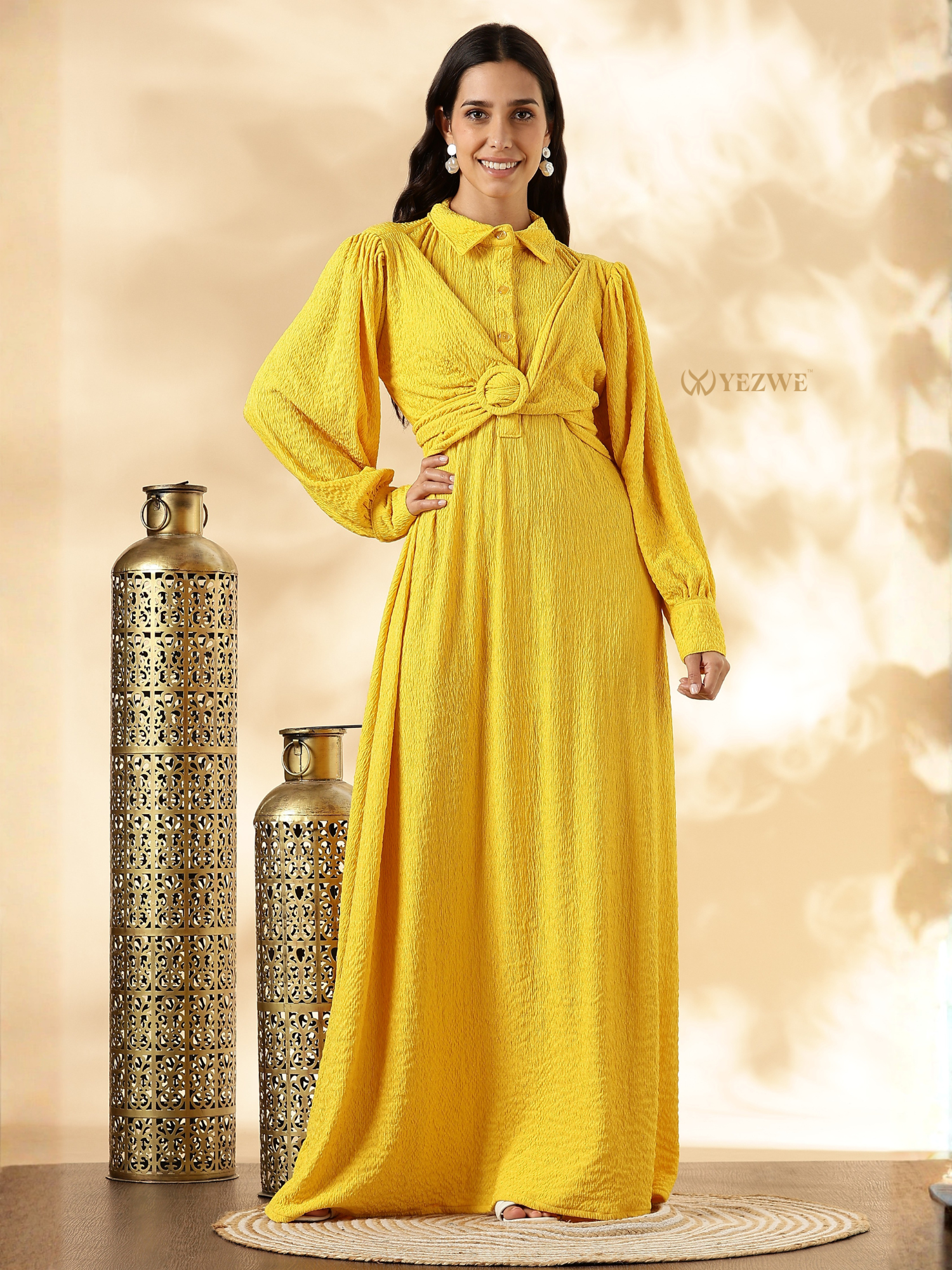 YEZWE Modest Maxi Dress in Bright Yellow with Flowing Fabric and Elegant Design