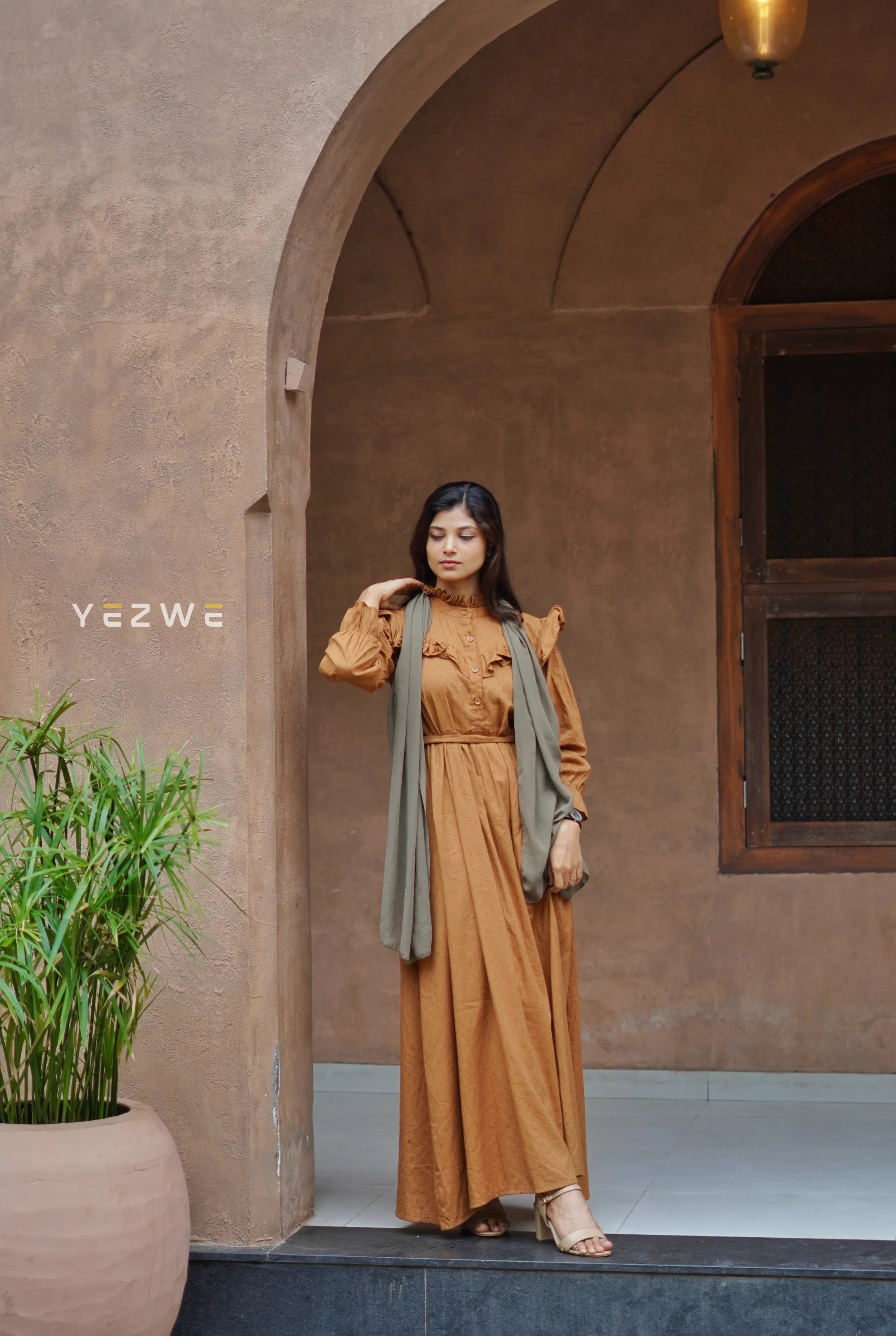 Yezwe Dotted Textured Mustard Yellow Maxi Dress with Cloth Belt - Modest Wear - YEZWE