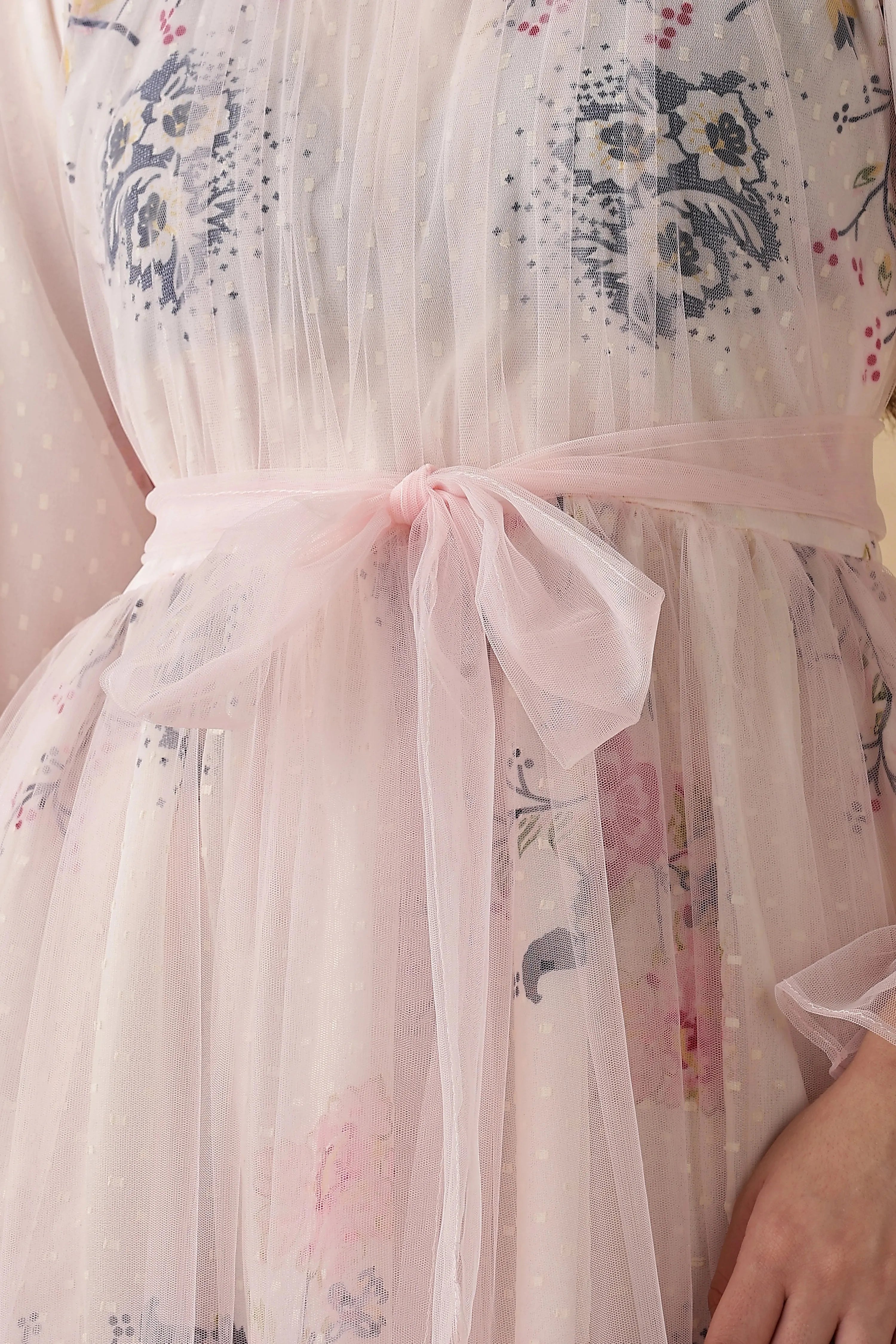 YEZWE Maxi Dress in Soft Pink Sheer Fabric, a stylish modest party dress for women with floral details