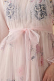 YEZWE Maxi Dress in Soft Pink Sheer Fabric, a stylish modest party dress for women with floral details