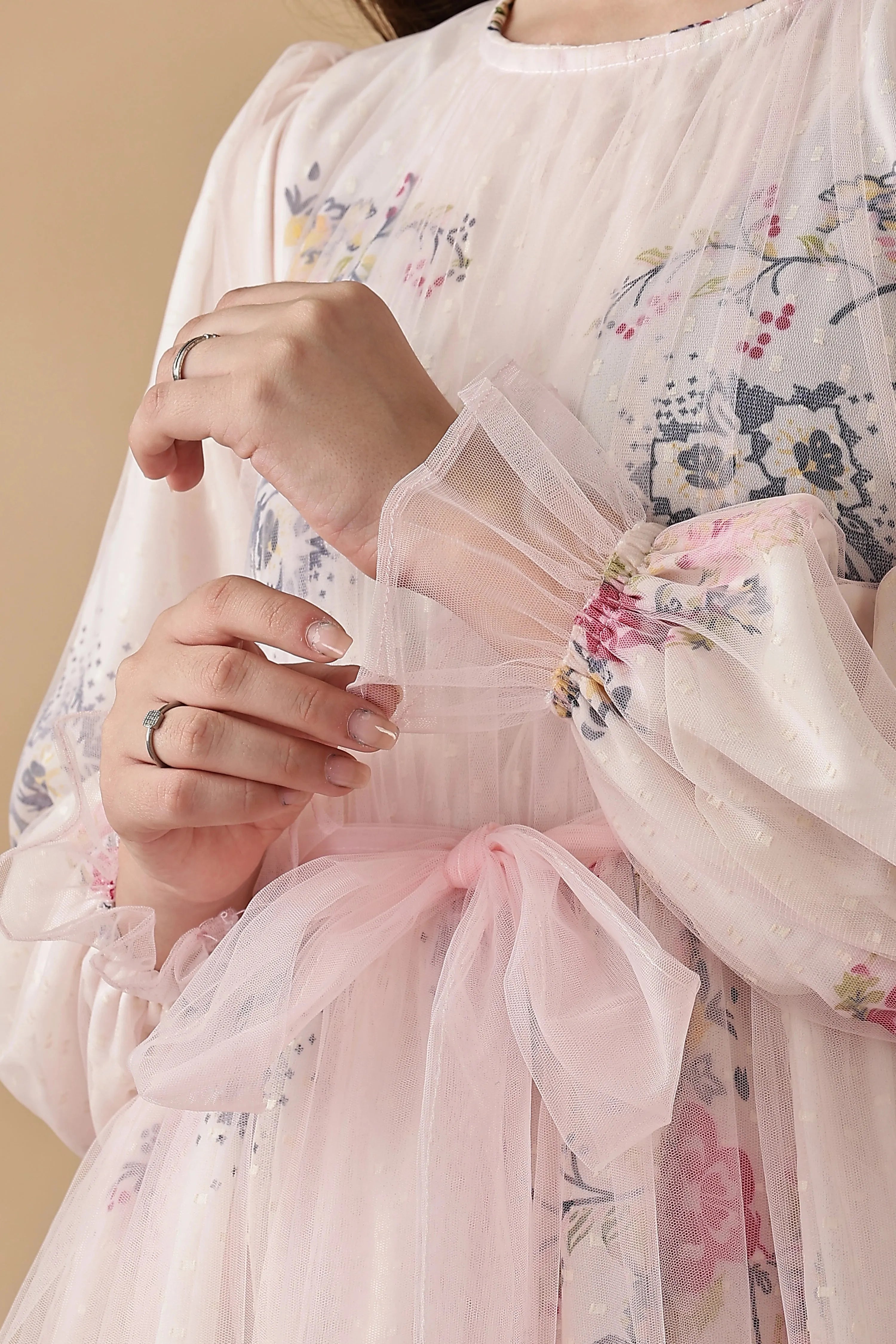 YEZWE Floral Maxi Dress with Sheer Sleeves and Bow Detail, a perfect modest party dress for women