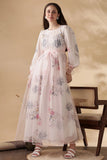 YEZWE Floral Maxi Dress in Pink, a modest party dress for women featuring long sleeves and a bow tie