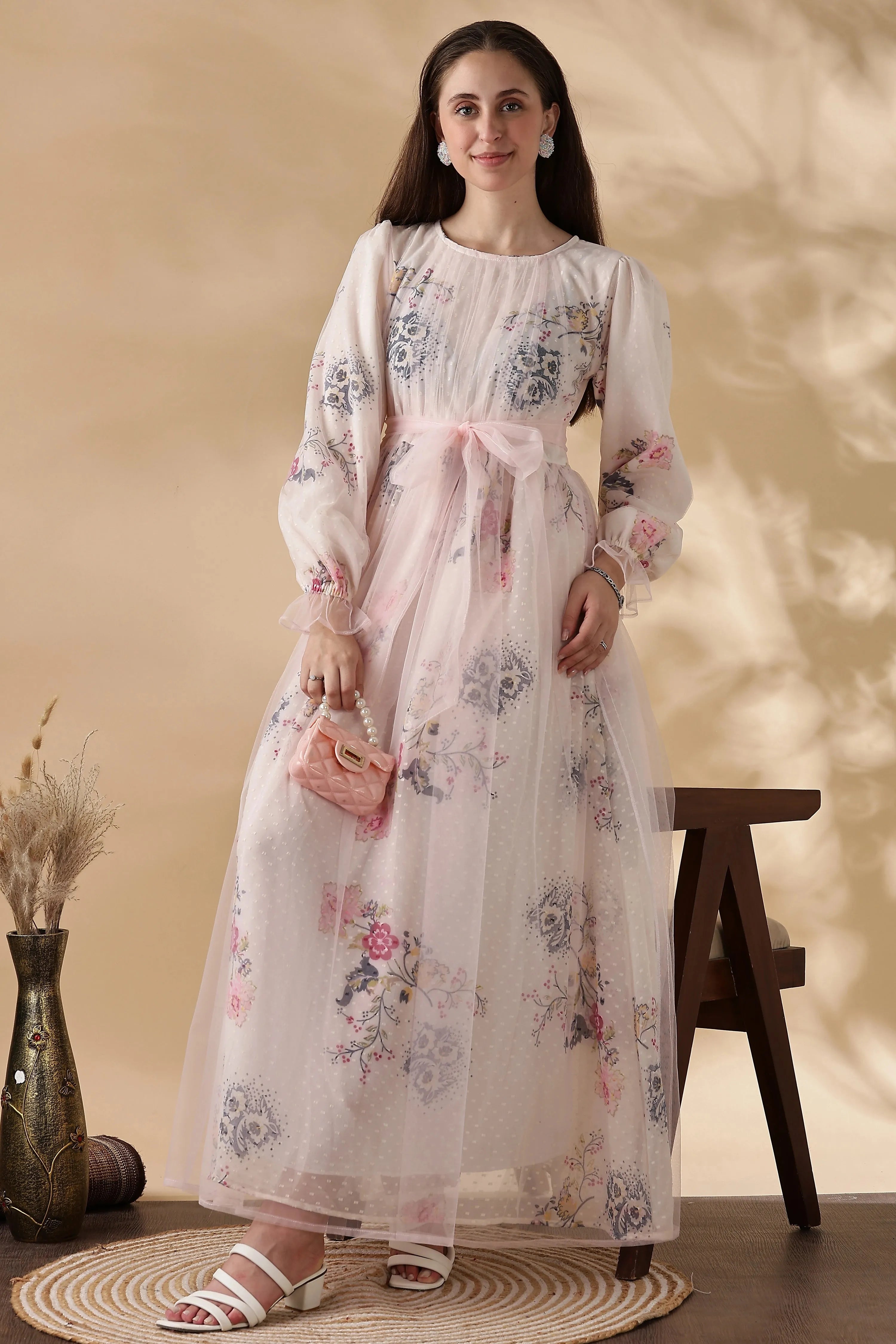 YEZWE Floral Maxi Dress with Sheer Overlay, a perfect modest party dress for women