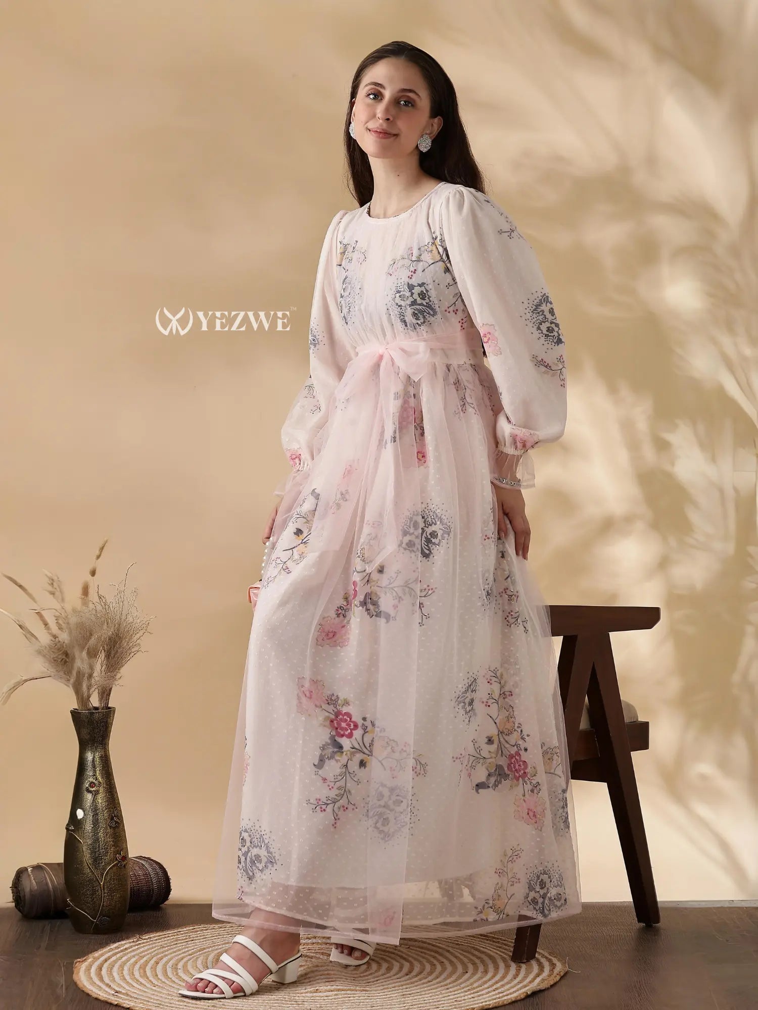 Elegant YEZWE maxi dress featuring floral patterns, perfect as a modest party dress for women