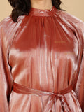 YEZWE Modest Party Wear Maxi Dress shimmery rose copper high neck gathered bodice with waist tie