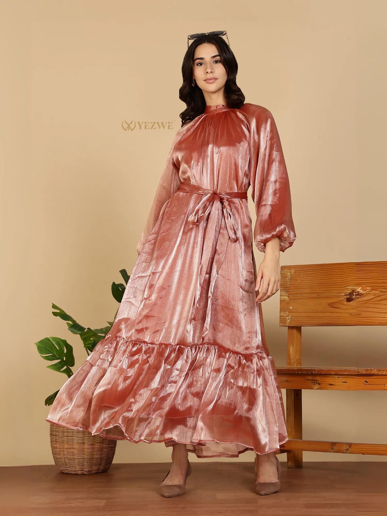 YEZWE Modest Party Wear Maxi Dress rose satin long sleeve high neck tie waist ruffled hem