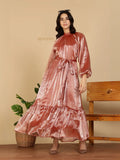 YEZWE Modest Party Wear Maxi Dress rose satin long sleeve high neck tie waist ruffled hem