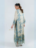 YEZWE modest top with bottom co-ord set featuring long cream dress with blue floral and patterned designs