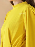YEZWE modest yellow maxi dress featuring a high neckline and elegant draping details