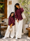 YEZWE Mom & Daughter Matching Wine Cey Co-Ord Set With Wide Leg Pants in a stylish outdoor setting