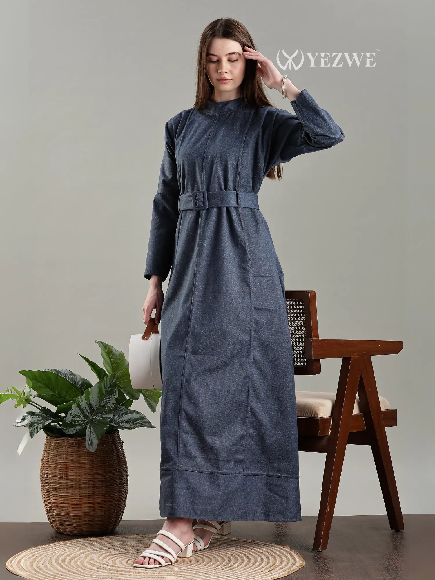 Yezwe Navy Blue Ful length Denim Modest Maxi Dress with a stylish belt for a chic look