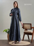 Yezwe Navy Blue Full Length Denim Modest Maxi Dress with Belt and Long Sleeves, Perfect for Elegant Outfits