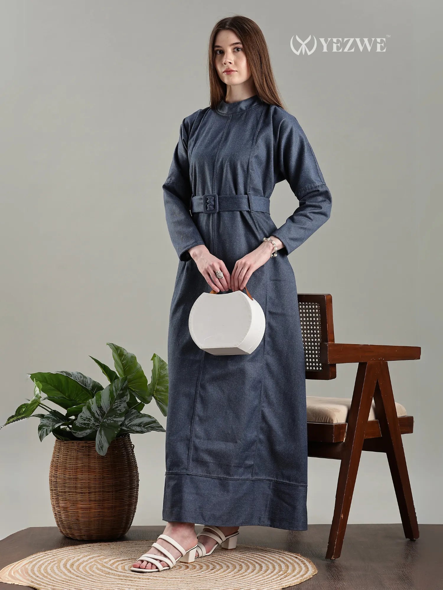 Yezwe Navy Blue Luxe Full length Structured Denim Modest Maxi Dress